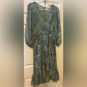 Calvin Klein High Low Dress in Sage Green with Black Paisley Print. Ruffle hem